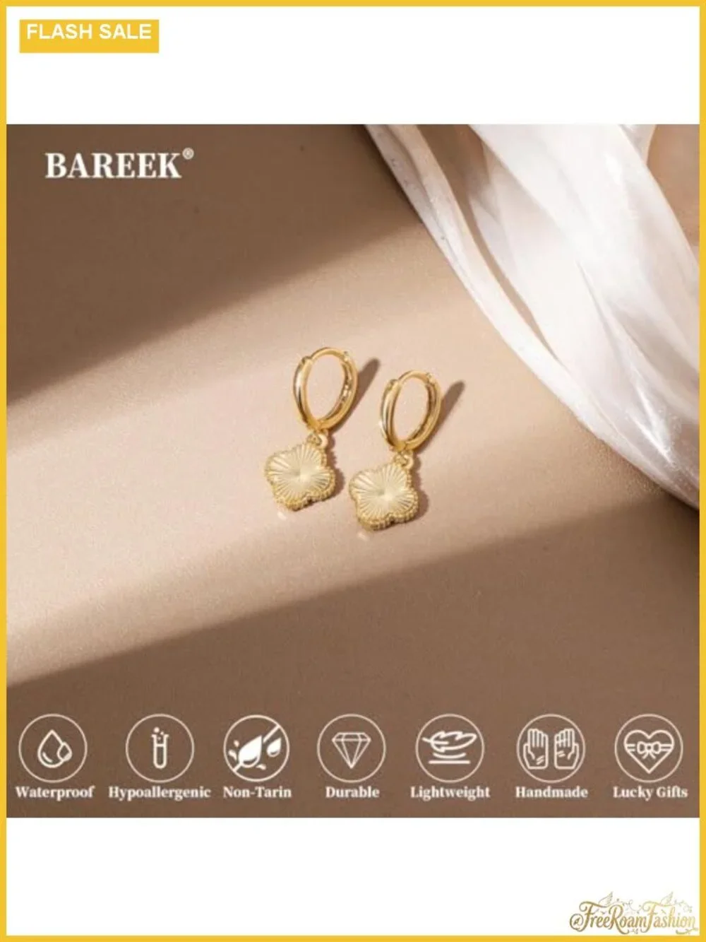 14K Gold Plated Four Leaf Clover Dangle Hoop Earrings